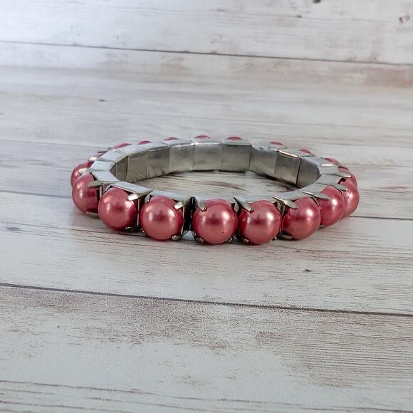 Vintage Stretch Bracelet Dark Pink Faux Pearl - Picture 5 of 8